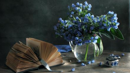 Blue flowers books still life vases wallpaper