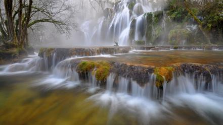 Green water landscapes nature trees fog waterfalls wallpaper