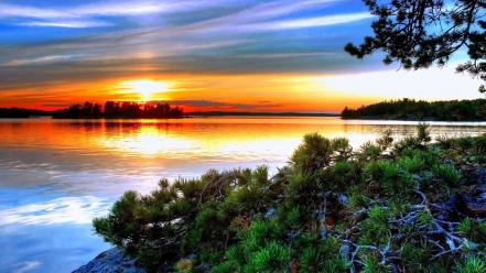 Landscapes nature trees red islands lakes skies wallpaper