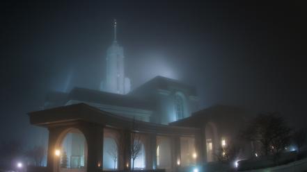 Light landscapes trees fog buildings nocturnal moon wallpaper