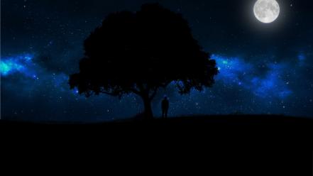 Trees dark night stars moon hills men skies wallpaper