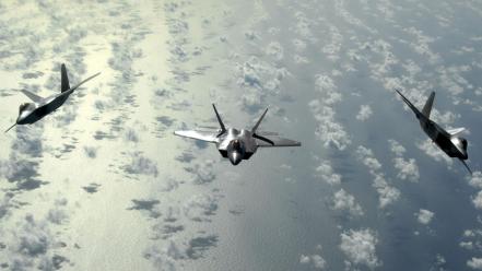 Clouds aircraft army flying f-22 raptor fighter jets wallpaper