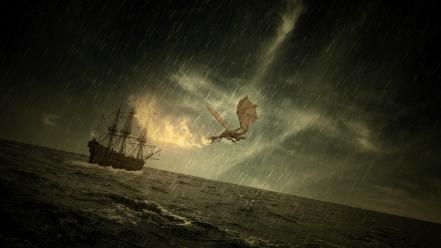 Dragons rain fire storm ships fantasy art sea wallpaper