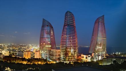 Futuristic architecture design buildings azerbaijan baku flame towers wallpaper