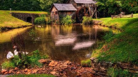 Green landscapes nature forests grass mill rivers watermill wallpaper