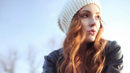 Hats leather jacket open mouth outdoors redheads wallpaper