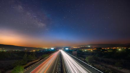Night forests traffic roads rush hour cities wallpaper