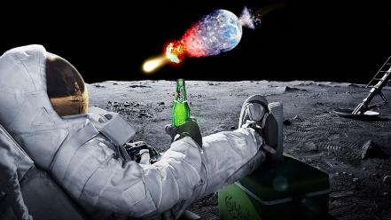 Beers outer space explosions moon earth photo manipulation wallpaper