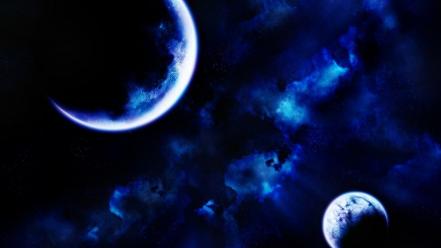 Blue outer space planets nebulae digital art wallpaper