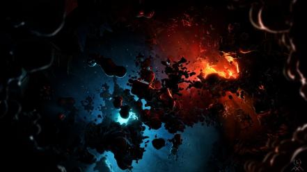 Blue outer space red stars planets digital art wallpaper