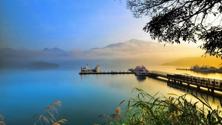 Boats bridges dock landscapes mountains wallpaper