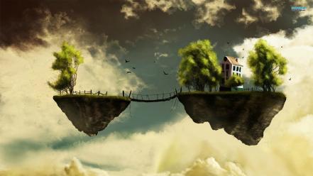 Clouds trees houses bridges fantasy art islands artwork wallpaper