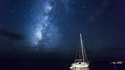 Milky way boats lakes night sky wallpaper