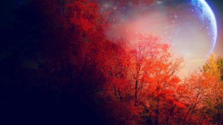 Nature trees stars moon fantasy art wallpaper