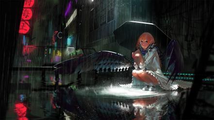 Orange hair reflections mechanical wings original characters wallpaper