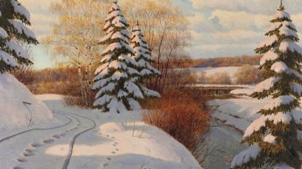 Paintings winter snow trees artwork wallpaper