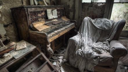 Piano old dust chairs abandoned house wallpaper
