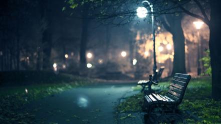 Trees cityscapes night lanterns bench pathway wallpaper