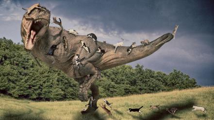 Tyrannosaurus rex artwork cats photo manipulation wallpaper