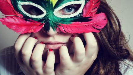 Venetian masks blue eyes brunettes domino mask feathers wallpaper