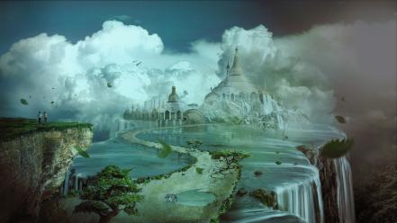 3d art clouds digital fantasy palace wallpaper