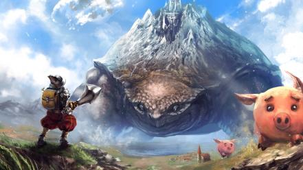 Clouds landscapes turtles weapons armor pigs swords skies wallpaper