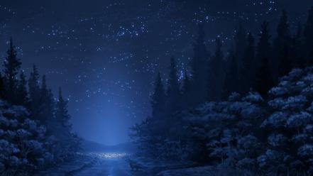 Drawings forests foxes night path wallpaper
