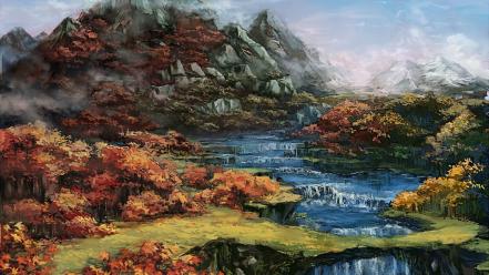 Scenic mountain of faith waterfalls rivers skies wallpaper