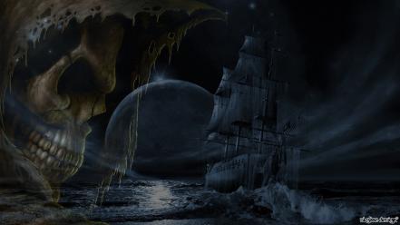 Skulls moon ships ghosts digital art ghost ship wallpaper