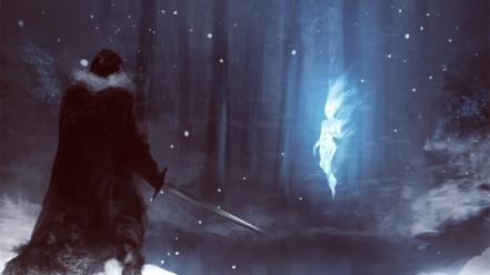 Snow fantasy art warriors swords spirits forest wallpaper