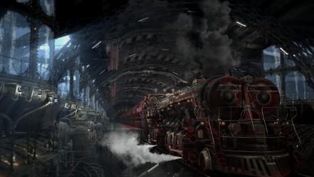 Steampunk trains train stations wallpaper