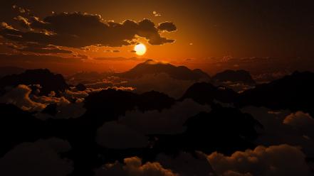 Sunset mountains clouds sun weather shadows sunlight skies wallpaper