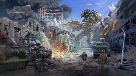 War ruins robots futuristic mecha combat artwork wallpaper