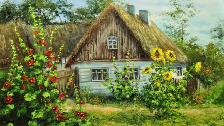 Paintings flowers garden cottage thatched roof wallpaper