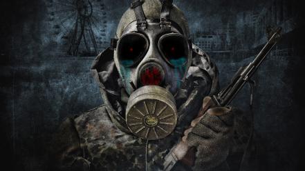 Ak 47 gas masks glowing eyes post-apocalyptic red wallpaper