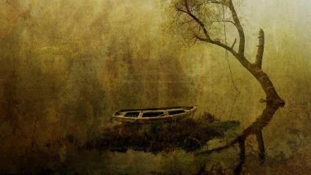 Boats trees vintage water wallpaper