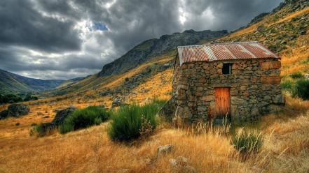 Clouds landscapes mountains nature old house wallpaper