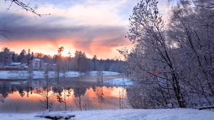 Cold winter houses ice landscapes nature wallpaper