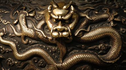 Dragons metallic oriental bronze asian art wallpaper