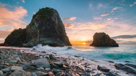 Emerald light blue skies sea oceanscape beach wallpaper