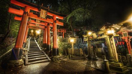 Japan night stairways shrine torii gate wallpaper