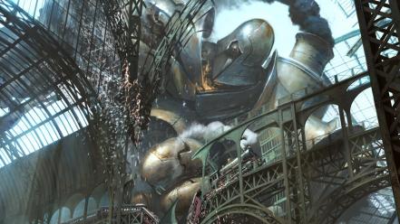 Robots steampunk trains train stations vehicles wallpaper