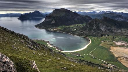 Norway bay beaches clouds grass wallpaper