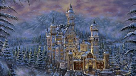 Artwork castles fantasy art pine trees snow wallpaper