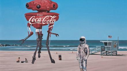 Coca-cola astronauts beaches drawings fantasy art wallpaper