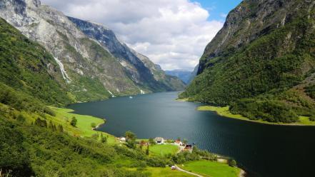 Norway canyon clouds fjord grass wallpaper