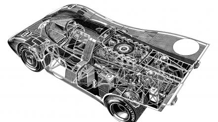 Porsche cutaway drawings engine gears monochrome wallpaper