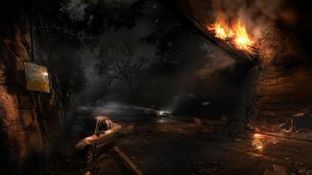 Alone in the dark apocalyptic artwork fire night wallpaper