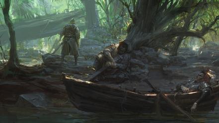 Artwork boats forests knights swords wallpaper