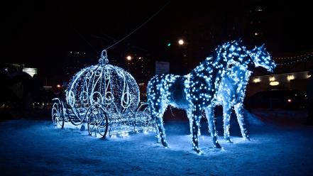 Carriage christmas lights glowing horses winter wallpaper